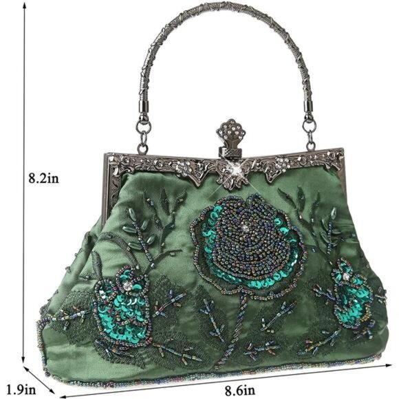 Womens Floral Beaded Rhinestone Embroidery Clutch Green - Picture 3 of 7